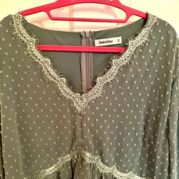 Jasambac Green Long Sleeve Dress for Women XXL - Swiss Dot, V Neck, Zip up Back - Picture 2 of 8